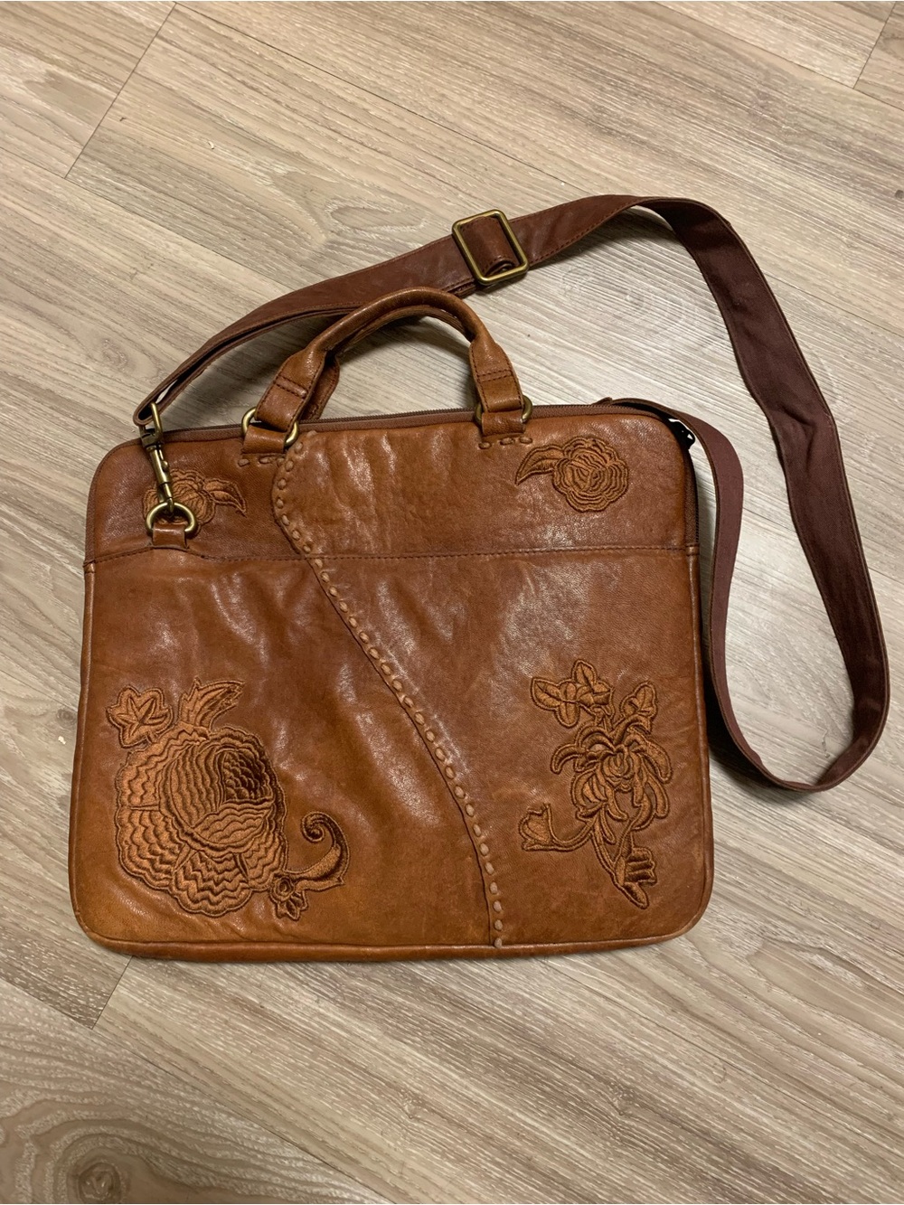 Lucky Brand Brown Leather Embroidered Floral Laptop Bag